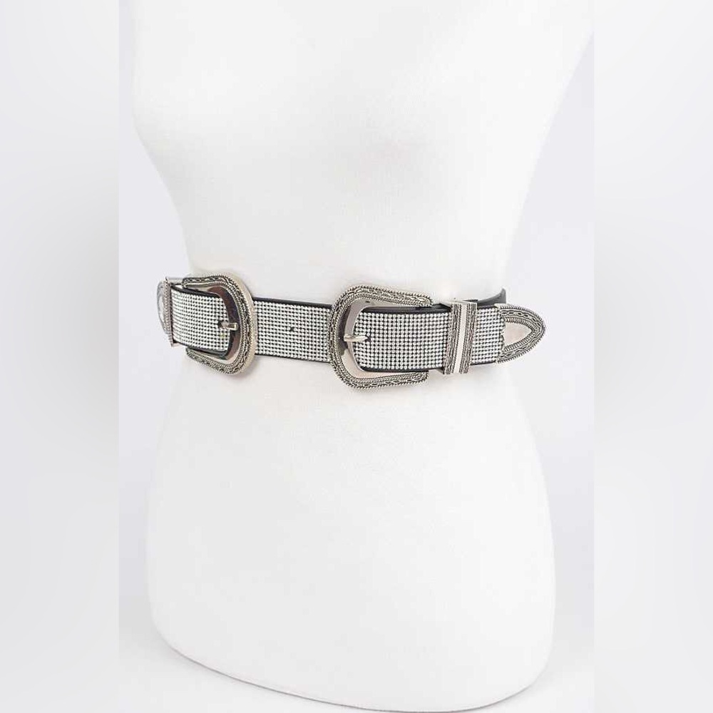 Double Buckle Silver & Black Rhinestone Western Chain Statement Belt - Picture 2 of 4